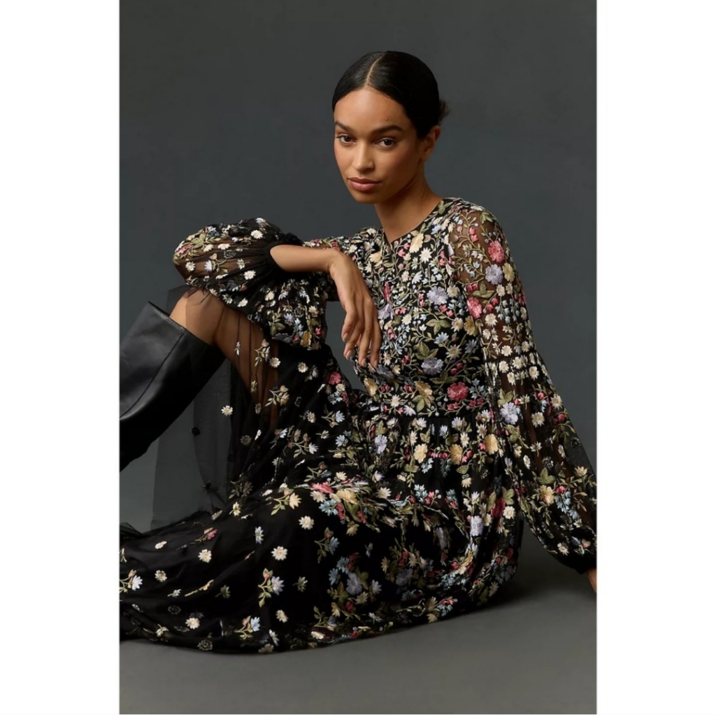 Nwt Mac Duggal 35161 Floral Embroidered Blouson Sleeve Gown Black Size 16